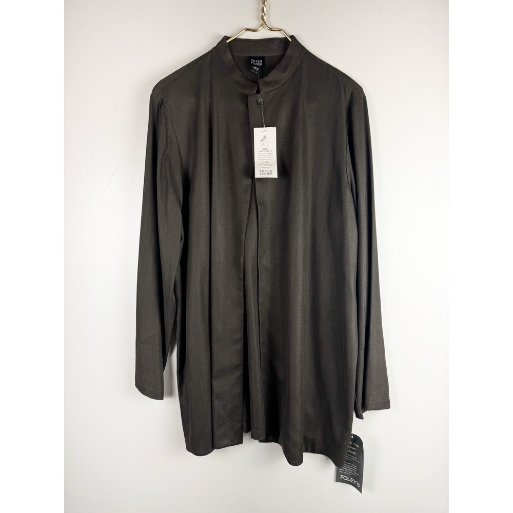 NWT Eileen Fisher Sz L Minimalist Pewter Stand Collar Jacket Silk  Modest